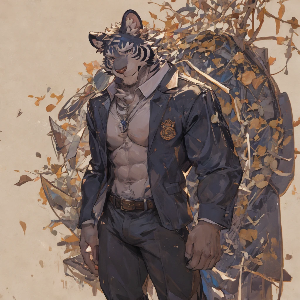 {{bara extremely handsome white tiger student,}} {{white fur,}} white, wearing  blazer, trousers, white dress shirt and necktie, white fluffy furry body and limbs, loafers, very tall, very broad shoulders, narrow waist, muscular arms, massive pecs, purple eyes, very long legs, massive bulge, sophisticated hot look, 3/4 view, best quality, leaning on wall, high detail, CG image, character splash art, silver earring on left ear, sultry smirk