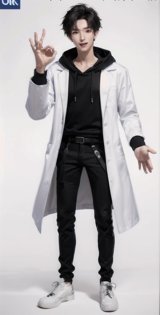 (OK Sign.:1.4),(photorealistic:1.2), (high detail face:1.3), (high detail hands:1.3), (anatomically correct hands:1.2), handsome young asian man, Japanese idol style, short clean-cut hair, ((center part)), (crisp white lab coat:1.3), ((black hoodie underneath:1.2)), (black pants:1.2), (black shoes:1.2), (enthusiastic expression:1.3), ((explain pose:1.4)), (both arms raised:1.3), (clenched fists:1.3), (energetic stance:1.2), plain white background, mid-shot portrait, full body view, high quality, detailed, 8K, (realistic skin texture:1.2), (sharp focus:1.1), (contrast between white coat and black clothing:1.2)