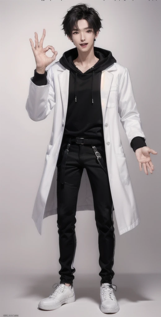 (OK Sign.:1.4),(photorealistic:1.2), (high detail face:1.3), (high detail hands:1.3), (anatomically correct hands:1.2), handsome young asian man, Japanese idol style, short clean-cut hair, ((center part)), (crisp white lab coat:1.3), ((black hoodie underneath:1.2)), (black pants:1.2), (black shoes:1.2), (enthusiastic expression:1.3), ((explain pose:1.4)), (both arms raised:1.3), (clenched fists:1.3), (energetic stance:1.2), plain white background, mid-shot portrait, full body view, high quality, detailed, 8K, (realistic skin texture:1.2), (sharp focus:1.1), (contrast between white coat and black clothing:1.2)