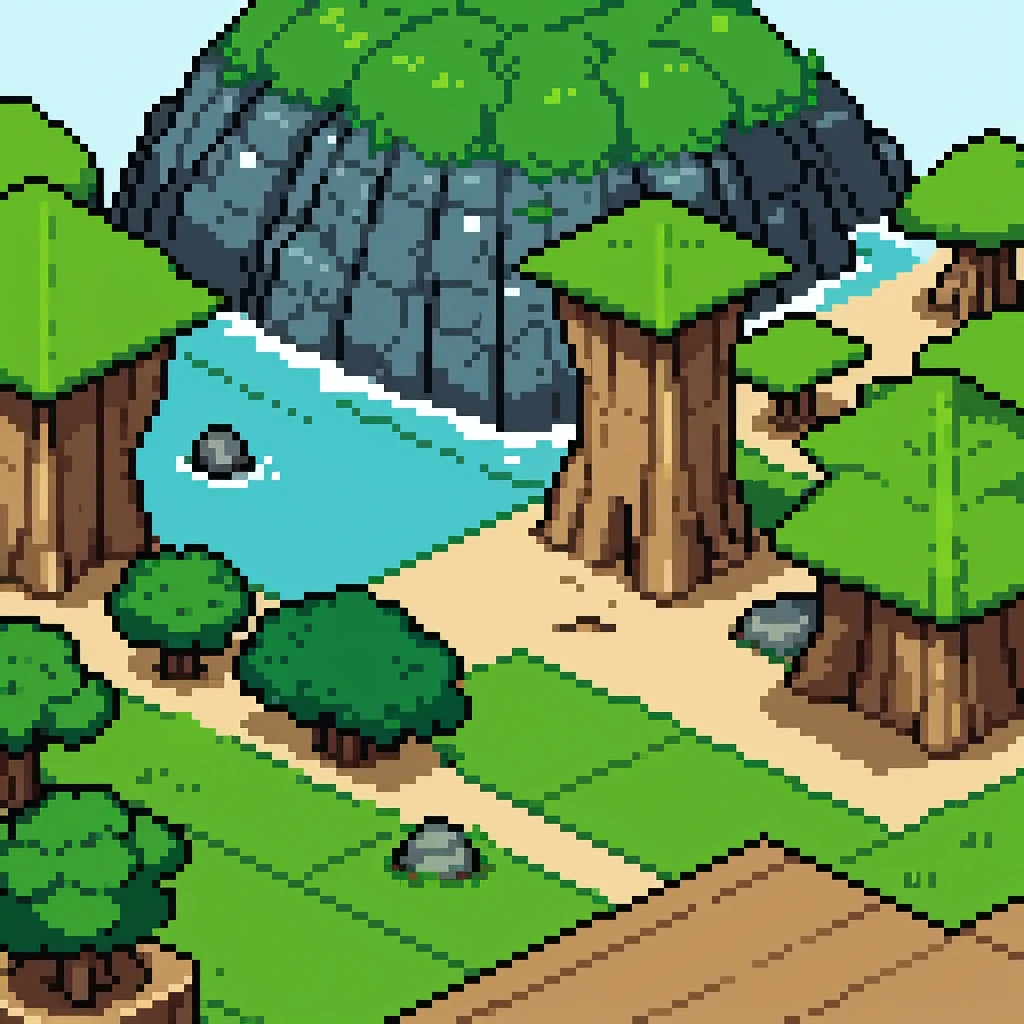 A detailed and organized pixel art tileset for a pixel RPG game. The tileset includes various terrain types such as grass, water, and mountains. Each tile is designed to stand alone without overlapping others, and the background is solid white for easy integration into game scenes. The tiles are arranged logically, grouping similar elements together to facilitate easy access during game development. The pixel art features clean, smooth lines, balanced colors, and effective looping for seamless terrain creation. The grass tiles include various shades of green with some small plants, the water tiles are blue with gentle waves, and the mountain tiles are gray and brown with rocky textures