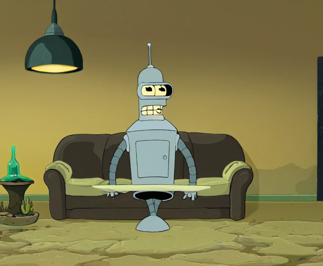Bender sitting on Couch in Cowboy uniform on Desert Room