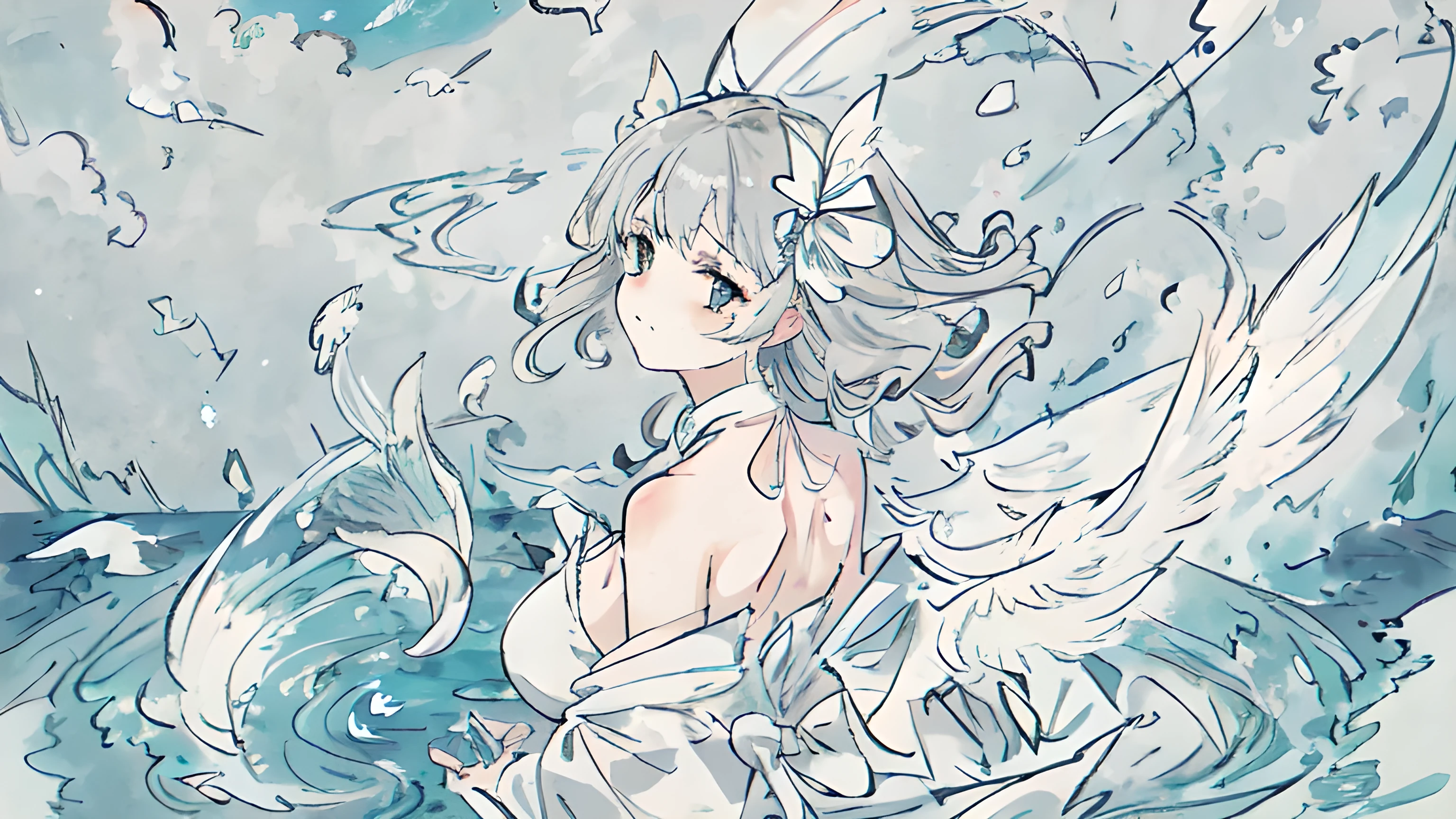 1 Girl,whole body,Beautiful and delicate eyes, Moderate_breast, Long hair,Gray hair, Gray eyes, curls, Bangs, smug, Double tail, Beautiful and detailed sky, Beautiful and delicate water, dramaticangle, ((back to the viewers)),(Extremely delicate and beautiful),,黑Ribbon,A faint smile, ((SFW)), trumpet,Big scene,Flying feathers,Ribbon,Complex scenes
