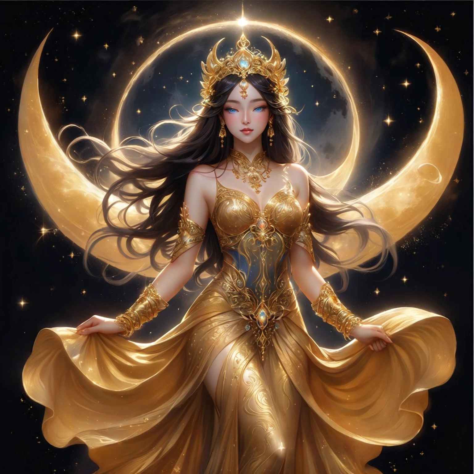 woman , sea blue eyes  , pink mouth ,Dressed in gold, standing in front of a crescent moon., goddess of heaven, goddess of the moon, anime goddess, beautiful heavenly mage, lunar goddess, Moon Goddess, Golden Lotus Princess, Goddess of the Galaxy, Beautiful Fantasy Empress, ((Beautiful Fantasy Empress)), Goddess and Moon, As the sun goddess,, Goddess of space and time , jellyfish , Fine gold jewelry