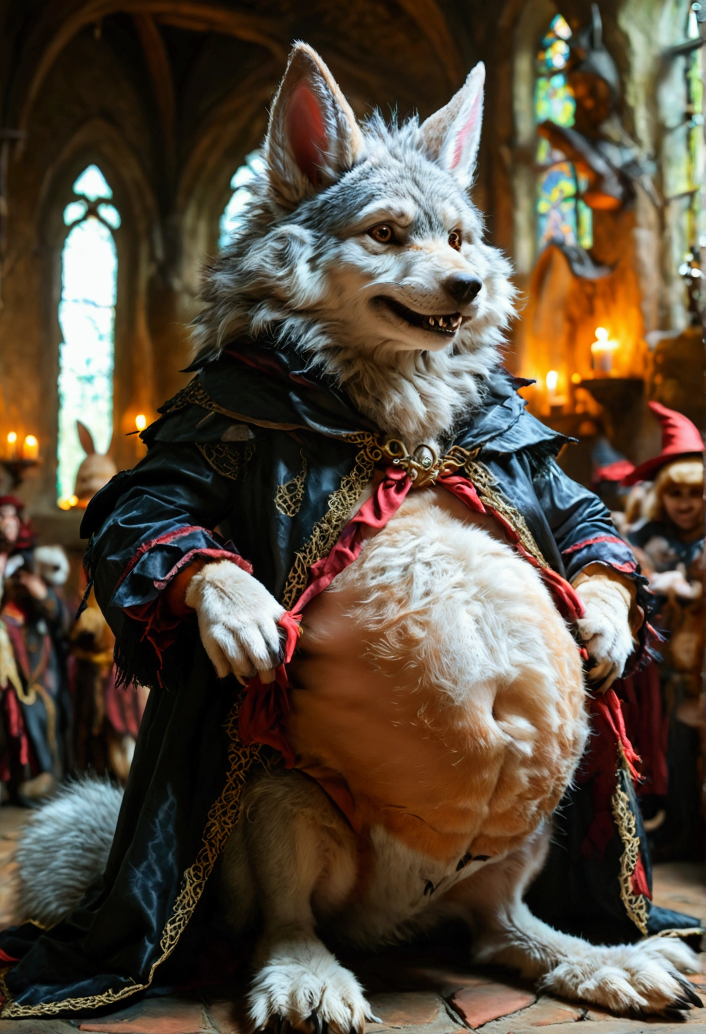 (((1 male anthropomorphic wolf))). (((Group of anthropomorphic female rabbits dressed like scary witches))). (((No humans))). (((Many female anthropomorphic rabbits are tickling a lone male anthropomorphic wolf's belly))). The anthropomorphic wolf is lying flat on his back spread eagle. They dance next to the large and bloated belly of a shocked anthropomorphic wolf who is restrained to the ground. photo realistic style. dark medieval dungeon. (((The female anthropomorphic rabbits are holding the male anthropomorphic wolf's extremely large erect penis and extremely large heavy testicles))). side view. Full body shot of anthropomorphic wolf. Male anthropomorphic wolf has large soft pot belly. Protruding bellybutton. Anthropomorphic wolf belly focus view. Correct highly detailed anatomy. NSFW. Nudity. Sexual acts. Lewd acts. (((Only the anthropomorphic male wolf is nude, everyone else wears female clothes))).