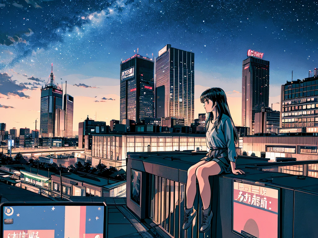 ctans, sky, star (sky), scenery, starry sky, night, 1girl, night sky, solo, outdoors, building, cloud, milky way, sitting, tree, long hair, city, silhouette, cityscape,City from a distance, tokyo, city billboard, 1 milky way in the sky,18歳********