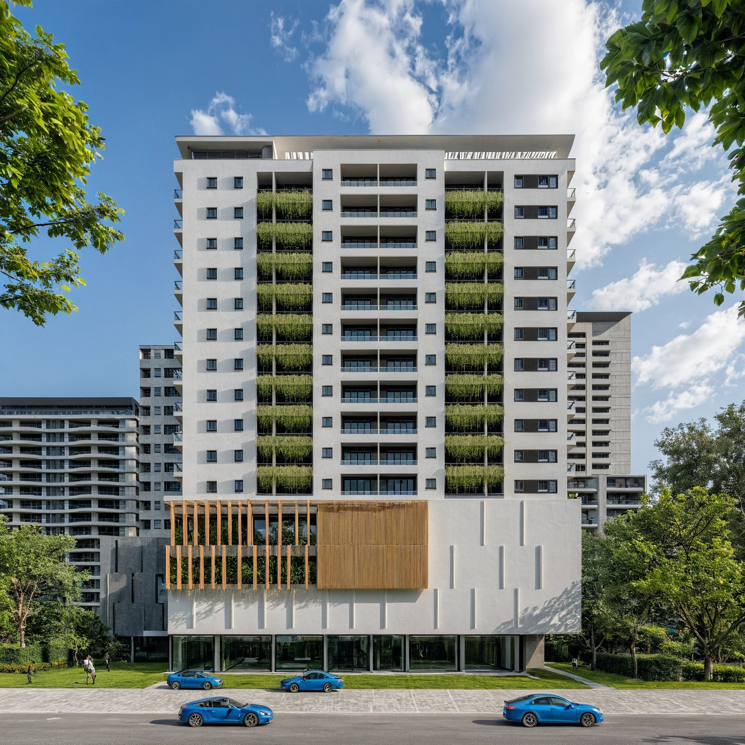 Masterpiece, high quality, best quality, authentic, super detail, outdoors, onestoreyvillaXL, aiaigroup, house style modern on the street ,stairs, white wall ,road,pavement, grass, trees, sky, cloud, (daylight:1.1)