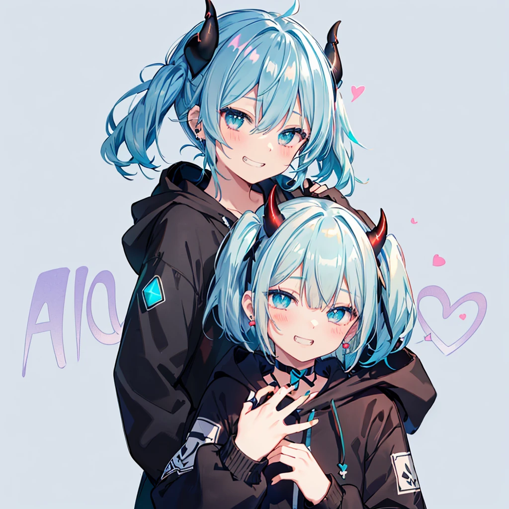 ((((jagged、Open your mouth、Grin Blue Background shining heart front)))) (((Black hoodie Wearing a hood Devil horns heart iris close Neon blue hair Twin tails Making a heart with both hands))) ((Shiny Earrings Small black ribbon)) Shining Edges Shining Background