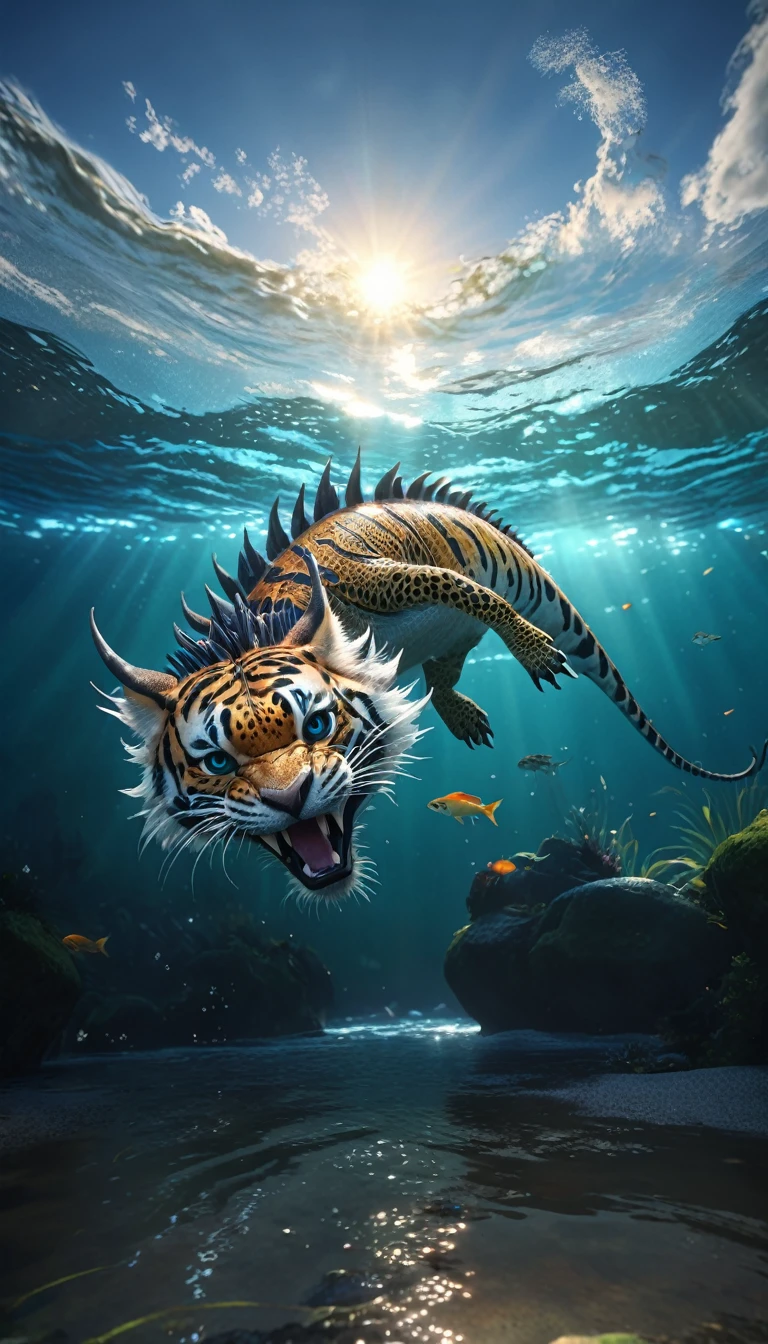 水中的一种Fantasy Creatures(best quality，4K，8k，High level，masterpiece：1.2），Ultra Detailed，（lifelike，Photo real，Photo real：1.37），Highly detailed animals，Complex patterns，Realistic lighting，Fantasy Creatures