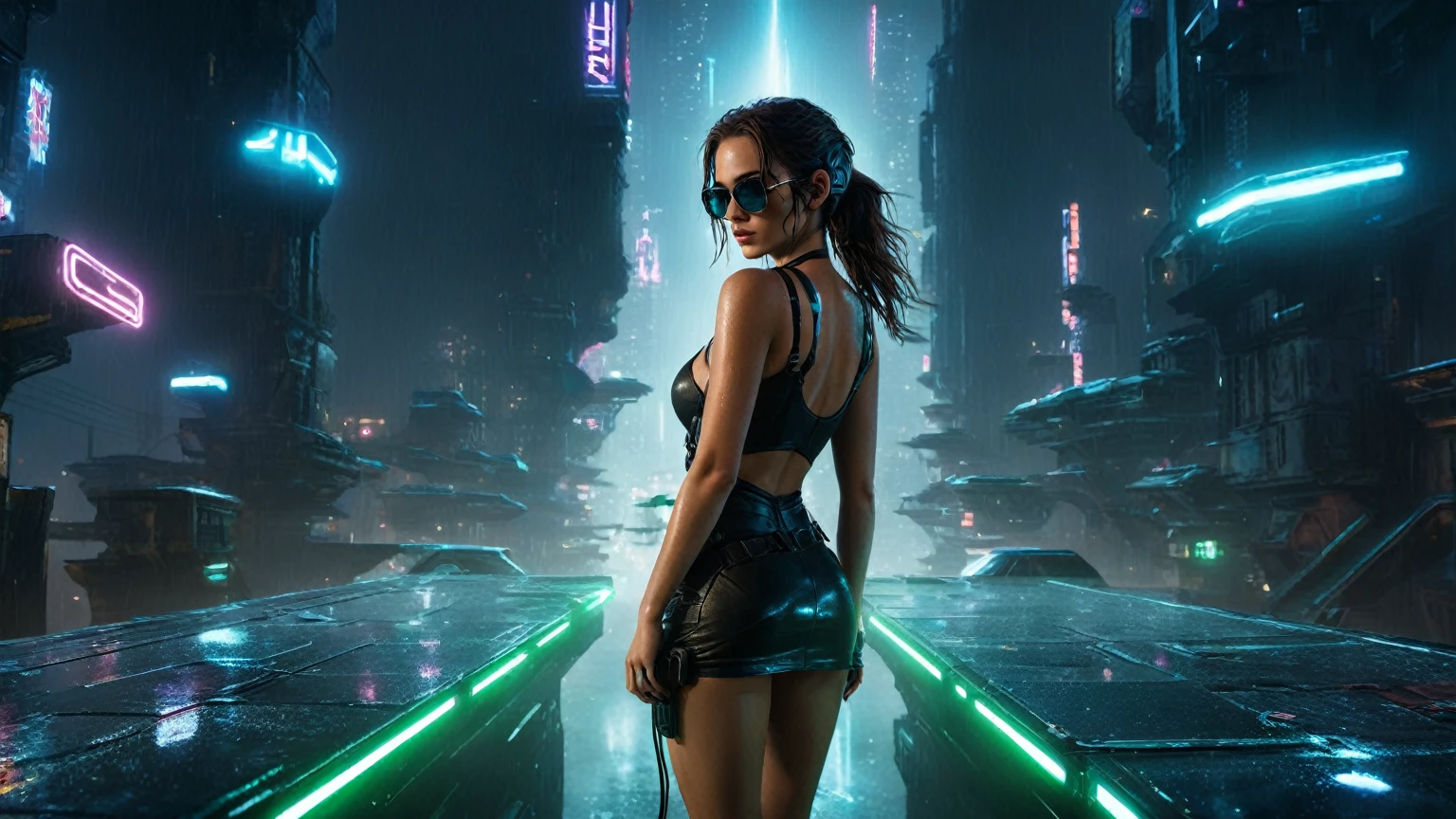 (aerial view, a flying cars docking platform, a very dark abandoned futuristic city, neon lights), rainy night. A girl as Lara Croft, solo, alone, large-breast:1.2 slim body, cleavage:1.1, sexy wind blowing wet dress:1.4, (headphone, black sunglasses), (((((she raised:1.8 a pistol:1.8 and took aim at viewer))))), dynamic pose, (((half-body thigh level medium shot))), cinematic lighting, lens flare, ray tracing.