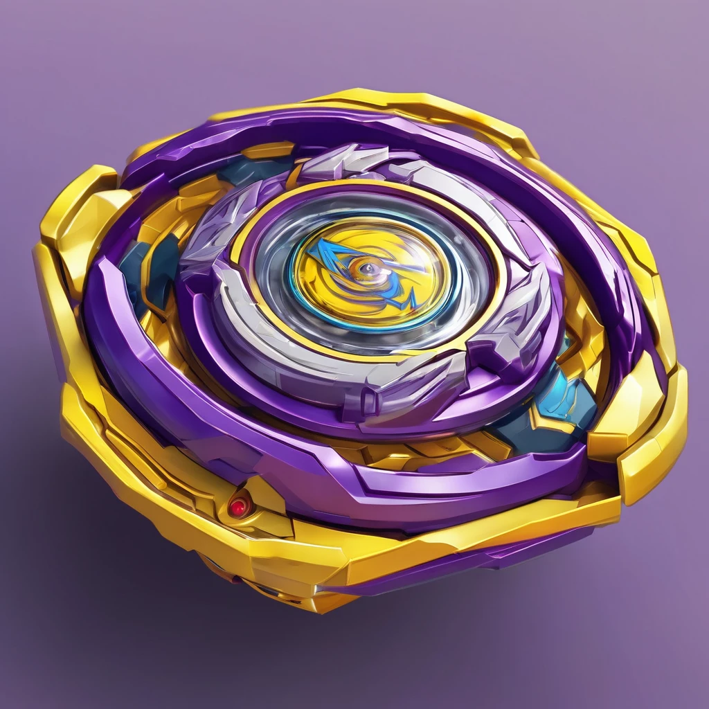 masterpiece, best quality, ultra-detailed concept art of a single beyblade, thin dynamic yellow Beyblade top mid-spin (purple top,purple bottom), anime-inspired style, isometric view, the beyblade is at the center ensuring there's ample space for the background to show, no humans, ample space for background, zoom out, purple color,