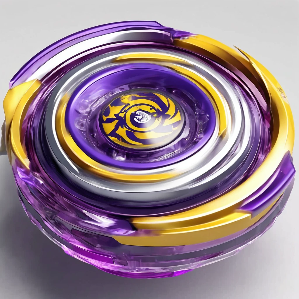 masterpiece, best quality, ultra-detailed concept art of a single beyblade, thin dynamic yellow Beyblade top mid-spin (purple top,purple bottom), anime-inspired style, isometric view, the beyblade is at the center ensuring there's ample space for the background to show, no humans, ample space for background, zoom out, purple color,