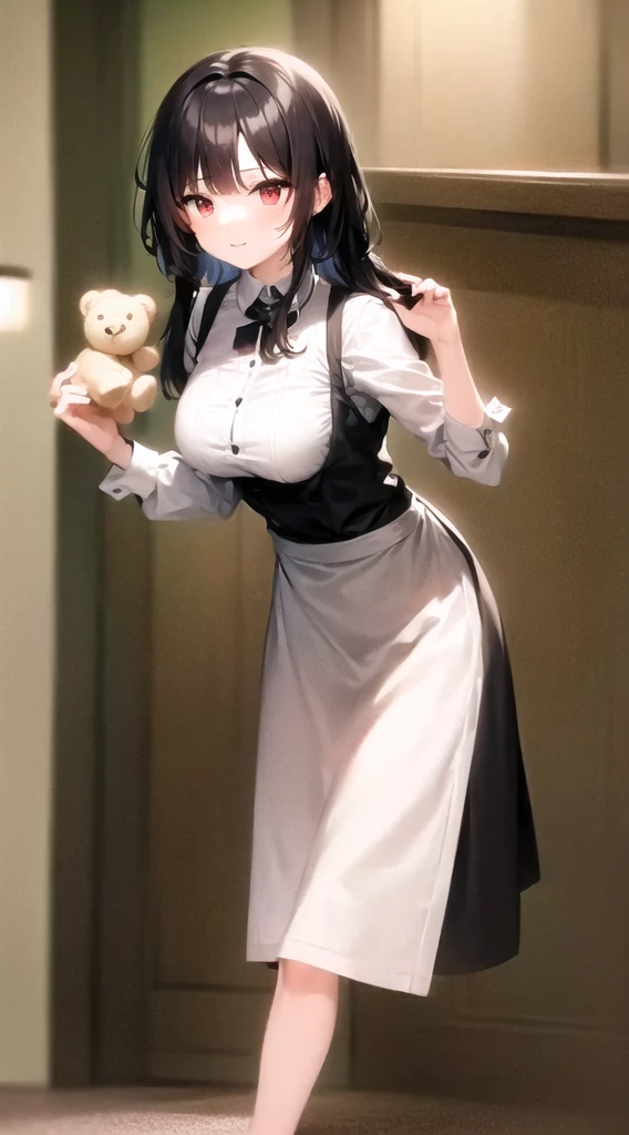 Arabian woman wearing a brown apron and holding a white teddy bear, photograph,  ( waitress ) girl,