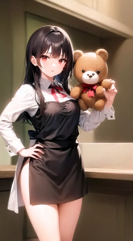 Arabian woman wearing a brown apron and holding a white teddy bear, photograph,  ( waitress ) girl,