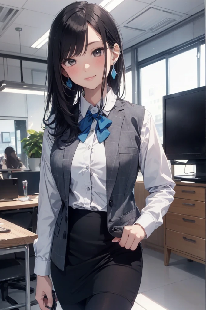 ((((1 Lady Lil,))))  (masterpiece), (Realistic), (Highest quality), (Very detailed),  Awesome 30 year old wife,  Panty shot, Long brown hair, office lady, Wearing a pink plaid vest, White short sleeve shirt, Grey pencil skirt, Wear stiletto heels, necklace, Earrings,  Cute Face, smile, blush, Shyness, Glass Wall, Super detailed, Realistic, Front view, whole body, (Wearing [[White and grey check pattern]] A vest worn over a white-collared long-sleeved shirt:1.4), (Grey buttoned vest:1.2), (Pink Theme:1.2), (blue ribbon ribbon:1.3), (Black Theme:1.4), (tight black pencil skirt:1.5), ((Brown pantyhose)), (High heels:1.1),Long skirt,transaction machine, Office chair,Lullabre Unity 8K Wallpaper, Beautiful background, clearly, Highest quality, Highest Resolution, Best aesthetics,Very detailed CG ユニティ 8k,