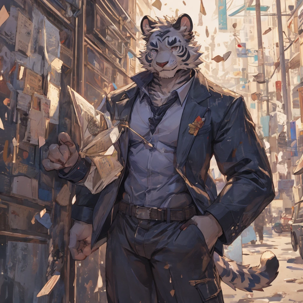 {{bara extremely handsome white tiger student,}} {{white fur,}} white, wearing uniform blazer, trousers, white dress shirt and necktie, white fluffy furry body and limbs, loafers, very tall, very broad shoulders, narrow waist, muscular arms, massive pecs, purple eyes, very long legs, massive bulge, sophisticated hot look, 3/4 view, best quality, leaning on wall, high detail, CG image, character splash art, silver earring on left ear, sultry smirk