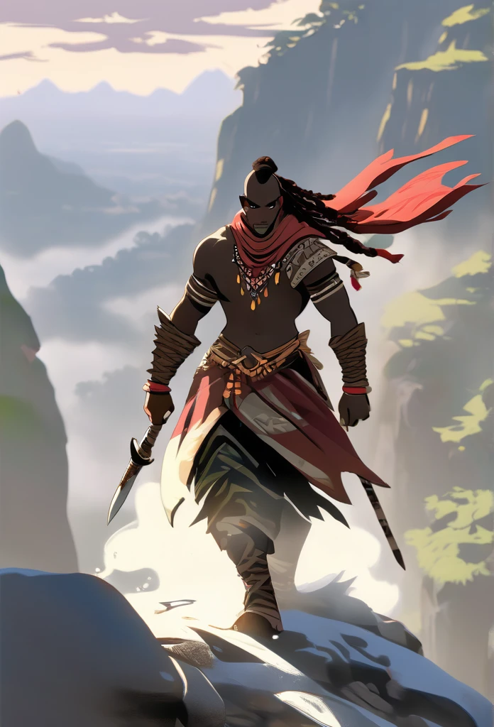 Ultra Realistic, Highly Defined Details, Jungle Tribal Village In The Foreground, Shadowy Distant Back Drop, Jungle Foggy Misty Rainforest Sensory, Mellow Color Shading Capturing the Mode, Young Adult African Male Villager, Standing Cliff Side View Of the Valley Below, Piercing Gaze, Serious Sharp Facial Features, Fit Athletic Muscular Physique, Bone Mail Armor, Peaces of tribal decorations tied to armbands, Bone chest plate armor, Lightly armored belt buckle dagger in a sheath, Bone carved Hilt, Long Curved Sword, wrapped in crimson decorated cloth Worn On the Back, Dark Torn Crimson Cloak, Distant Shot Full Body View from the Back, Walking, Windy Sean Leaves Blowing, Mountain Climbing, Scaling a Clif, Climbing With Hands, Snowy Mountain Peaks, Windy Snow