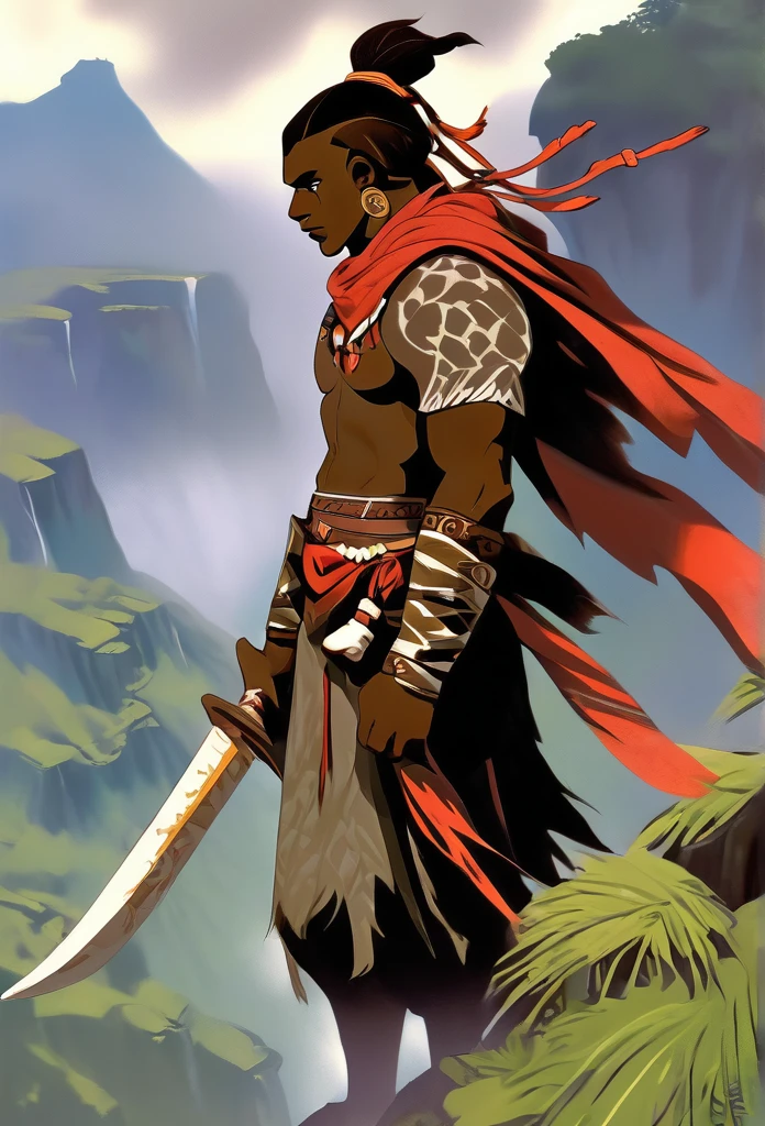 Ultra Realistic, Highly Defined Details, Jungle Tribal Village In The Foreground, Shadowy Distant Back Drop, Jungle Foggy Misty Rainforest Sensory, Mellow Color Shading Capturing the Mode, Young Adult African Male Villager, Standing Cliff Side View Of the Valley Below, Piercing Gaze, Serious Sharp Facial Features, Fit Athletic Muscular Physique, Bone Mail Armor, Peaces of tribal decorations tied to armbands, Bone chest plate armor, Lightly armored belt buckle dagger in a sheath, Bone carved Hilt, Long Curved Sword, wrapped in crimson decorated cloth Worn On the Back, Dark Torn Crimson Cloak, Distant Shot Full Body View from the Back, Walking, Windy Sean Leaves Blowing, Mountain Climbing, Scaling a Clif, Climbing With Hands, Snowy Mountain Peaks, Windy Snow