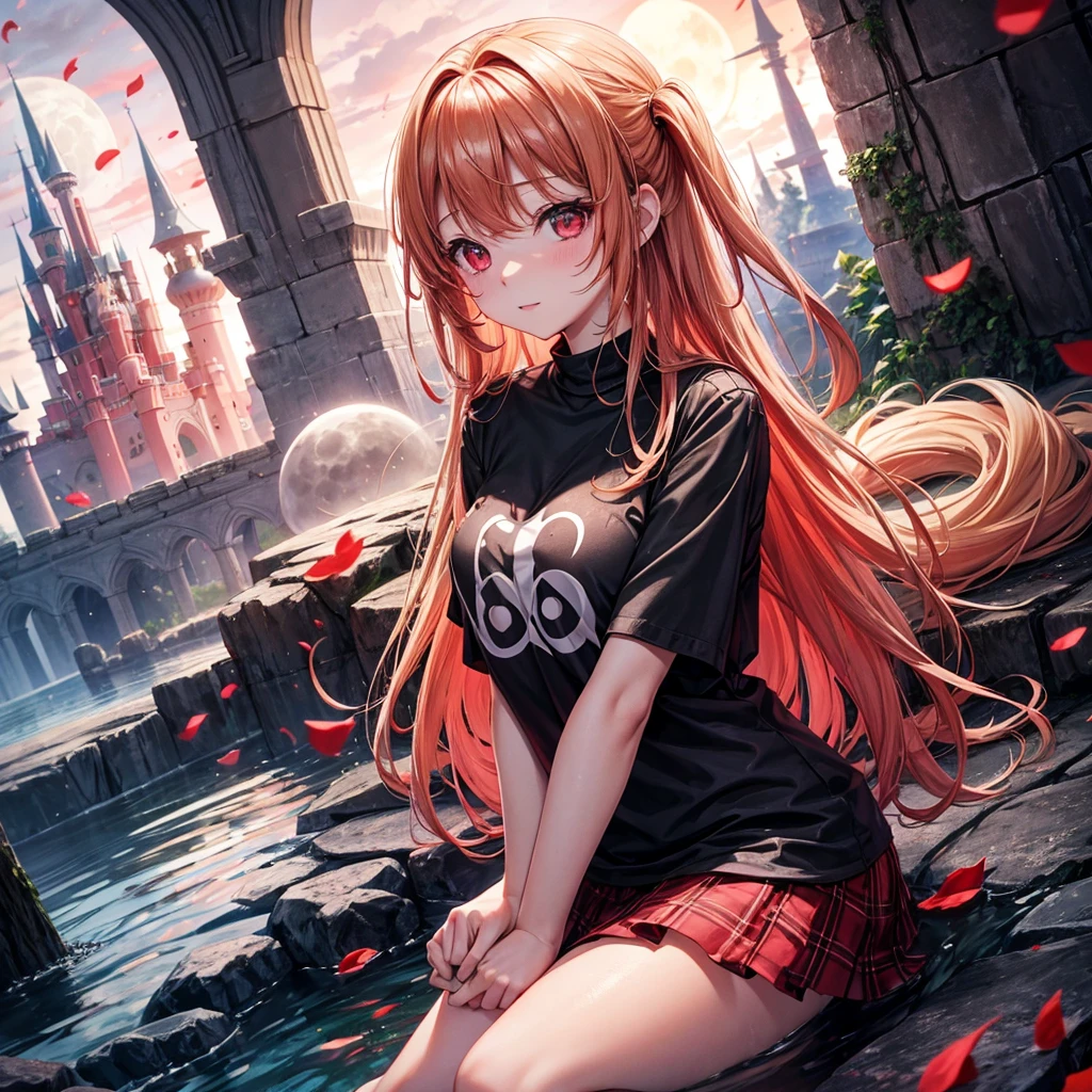 Red-blonde、Red eyes、One cute girl、solo、And soul、Light clothing、Checked mini skirt、petal、Wet hair、Sit on、black t-shirts、large tree、cloud、full moon、monster castle、lanthanum、Hell's Gate、Craft Gatekeeper、barefoot、Stones are piled up