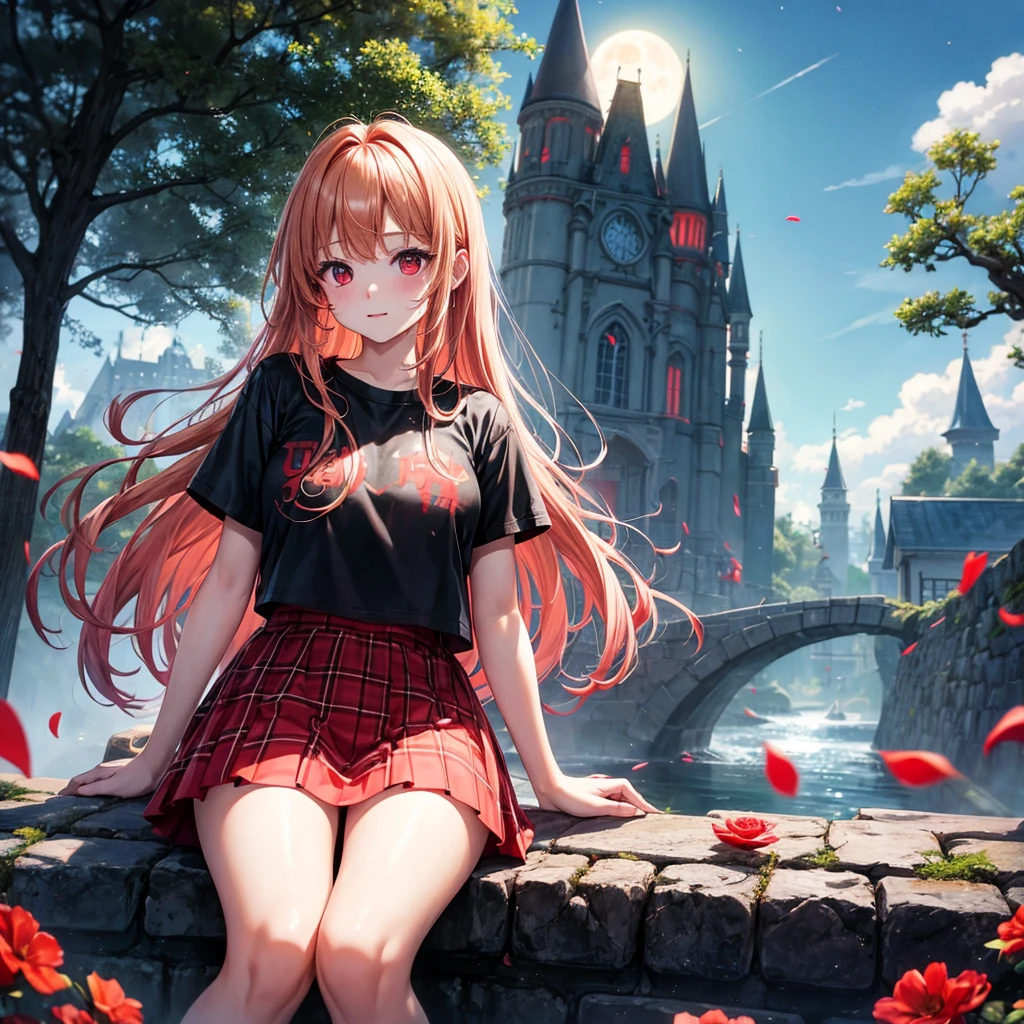 Red-blonde、Red eyes、One cute girl、solo、And soul、Light clothing、Checked mini skirt、petal、Wet hair、Sit on、black t-shirts、large tree、cloud、full moon、monster castle、lanthanum、Hell's Gate、Craft Gatekeeper、barefoot、Stones are piled up