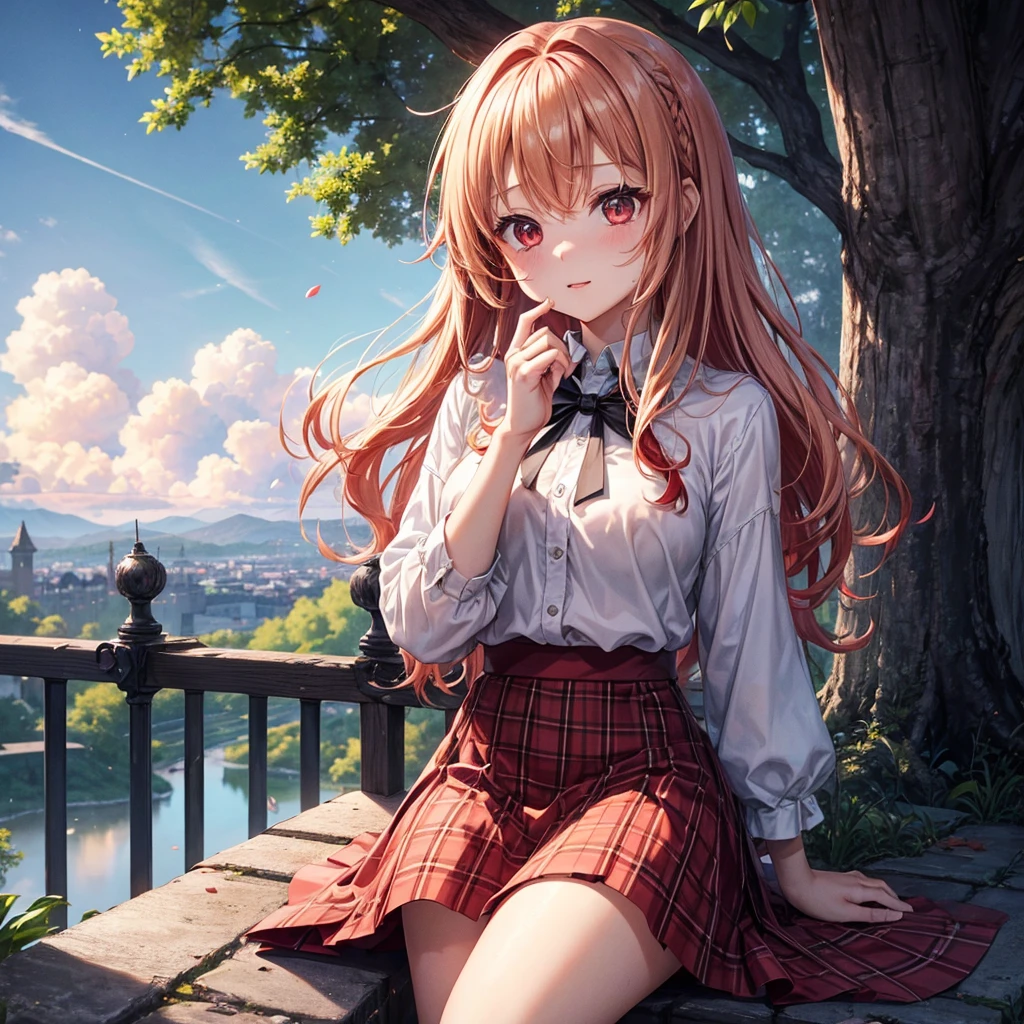 Red-blonde、Red eyes、One cute girl、solo、And soul、Light clothing、Checked mini skirt、petal、Wet hair、Sit on、black t-shirts、large tree、cloud、full moon、monster castle、lanthanum、Hell's Gate、Craft Gatekeeper、barefoot、Stones are piled up