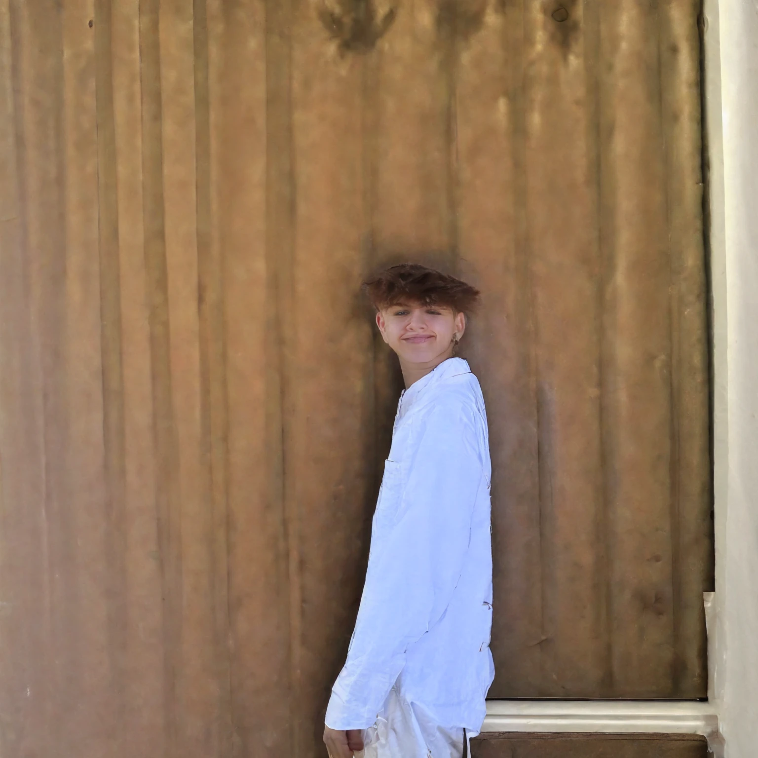 A young male twink, 20 years old, with a cute angel face, with makeup and black hair, wearing a luxurious, long-sleeved, white shirt and brown medieval pants. Behind him is a blackboard with the neurons of the brain written on it, and he looks proudly with an innocent face.