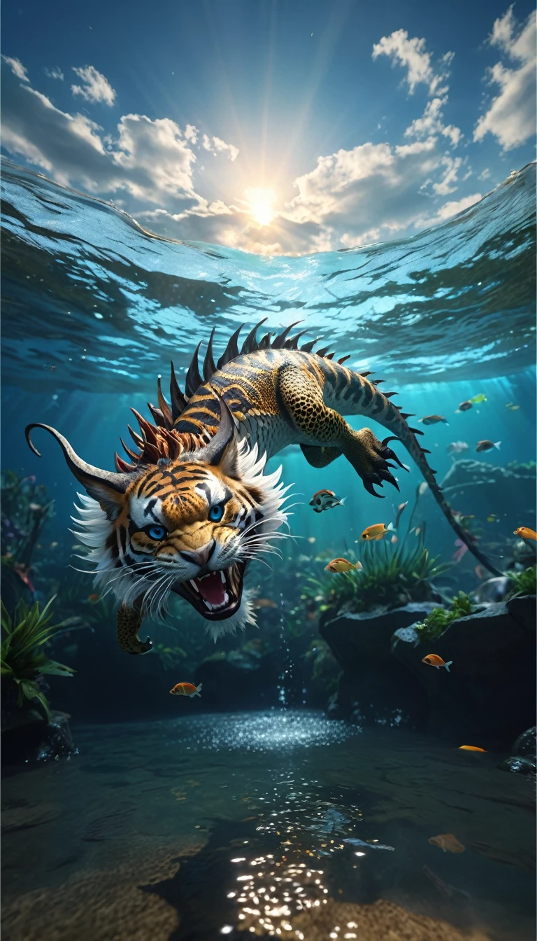 水中的一种Fantasy Creatures(best quality，4K，8k，High level，masterpiece：1.2），Ultra Detailed，（lifelike，Photo real，Photo real：1.37），Highly detailed animals，Complex patterns，Realistic lighting，Fantasy Creatures