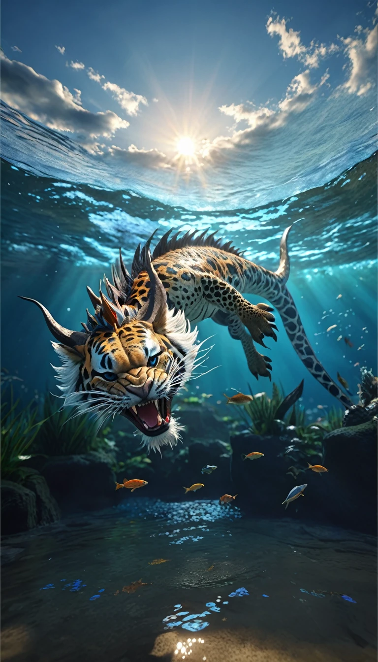 水中的一种Fantasy Creatures(best quality，4K，8k，High level，masterpiece：1.2），Ultra Detailed，（lifelike，Photo real，Photo real：1.37），Highly detailed animals，Complex patterns，Realistic lighting，Fantasy Creatures