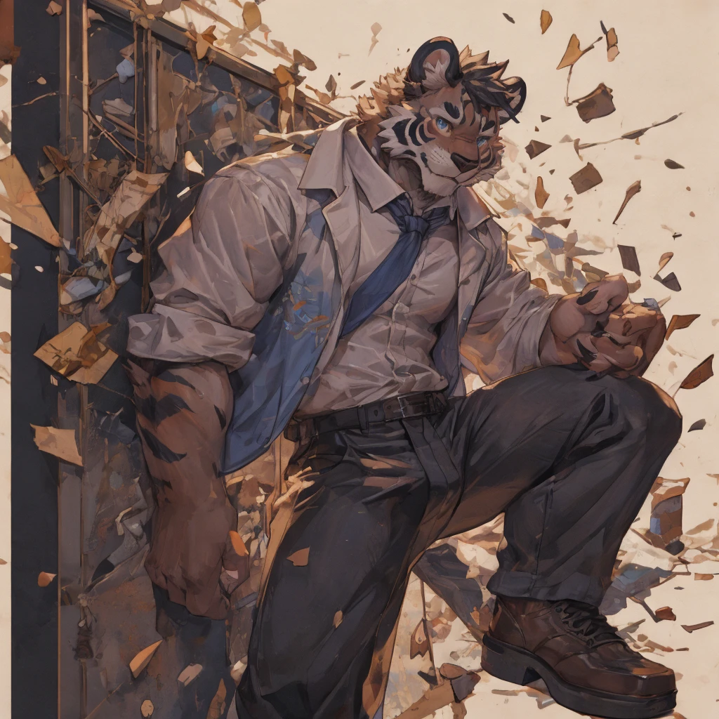 {{bara extremely handsome white tiger student,}} {{white fur,}} white, wearing uniform blazer, trousers, white dress shirt and necktie, white fluffy furry body and limbs, loafers, very tall, very broad shoulders, narrow waist, muscular arms, massive pecs, purple eyes, very long legs, massive bulge, sophisticated hot look, 3/4 view, best quality, leaning on wall, high detail, CG image, character splash art, silver earring on left ear, sultry smirk