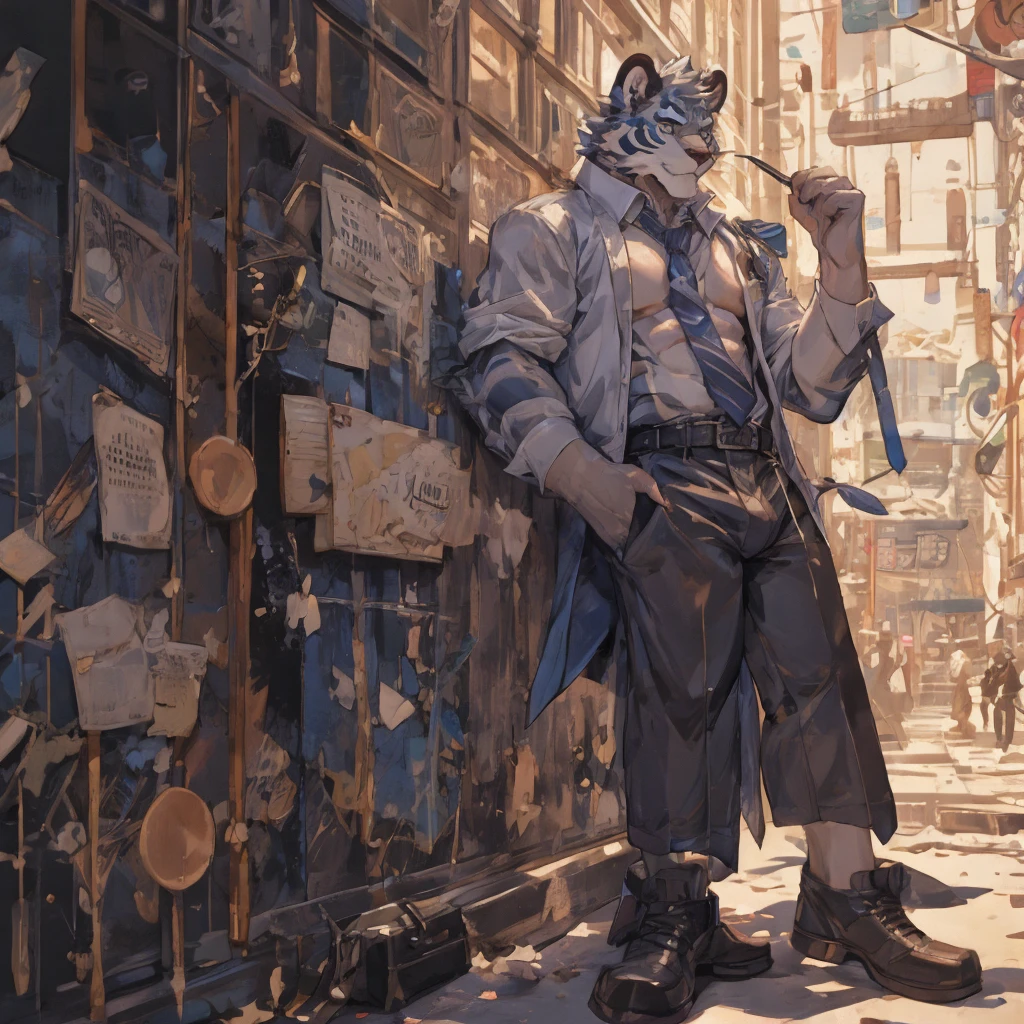{{bara extremely handsome white tiger student,}} {{white fur,}} white, wearing uniform blazer, trousers, white dress shirt and necktie, white fluffy furry body and limbs, loafers, very tall, very broad shoulders, narrow waist, muscular arms, massive pecs, purple eyes, very long legs, massive bulge, sophisticated hot look, 3/4 view, best quality, leaning on wall, high detail, CG image, character splash art, silver earring on left ear, sultry smirk