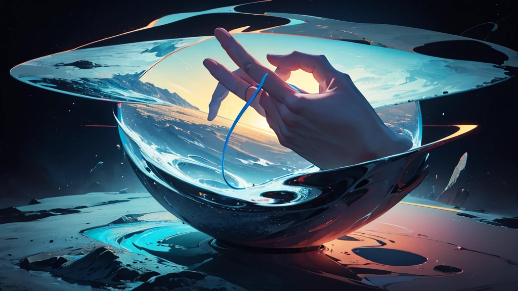 create an image of an abstract landscape of symbols representing lips and crossed fingers. Action: The symbols float in the void, slowly rotating and intertwining as the camera moves through them.