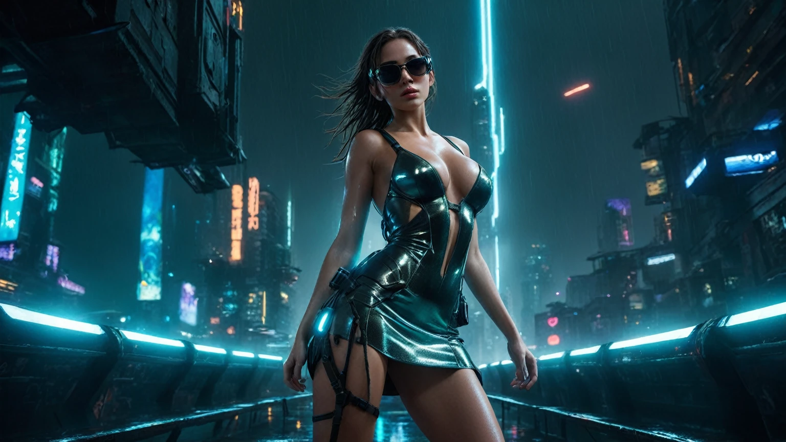 (aerial view, a flying cars docking platform, a very dark abandoned futuristic city, neon lights), rainy night. A girl as Lara Croft, solo, alone, large-breast:1.2 slim body, cleavage:1.1, sexy wind blowing wet dress:1.4, (headphone, black sunglasses), (((((she raised:1.8 a pistol:1.8 and took aim at viewer))))), dynamic pose, (((half-body thigh level medium shot))), cinematic lighting, lens flare, ray tracing.