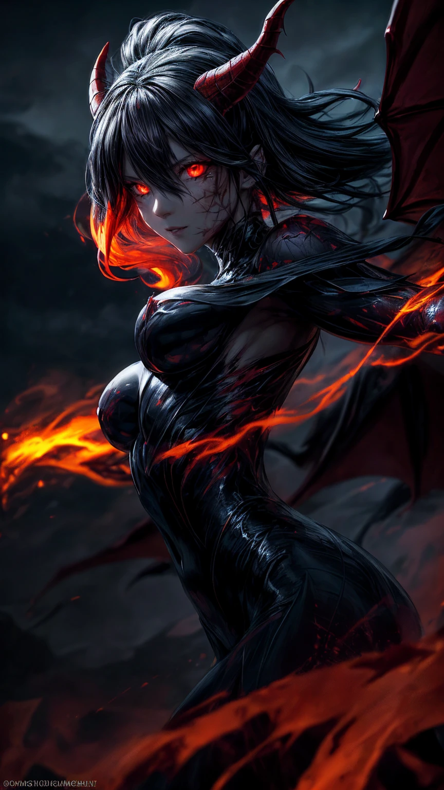 Storyboard, masterpiece, highest quality, dragonlady queen, perfect demoness, bright red glowing eyes, detailed eyes (1.4), scars on face, villainous expression, flaming skin body with bioluminescent glowing pattern, ready for battle, blurred stormy background, dark atmosphere, lighting in background,full body,