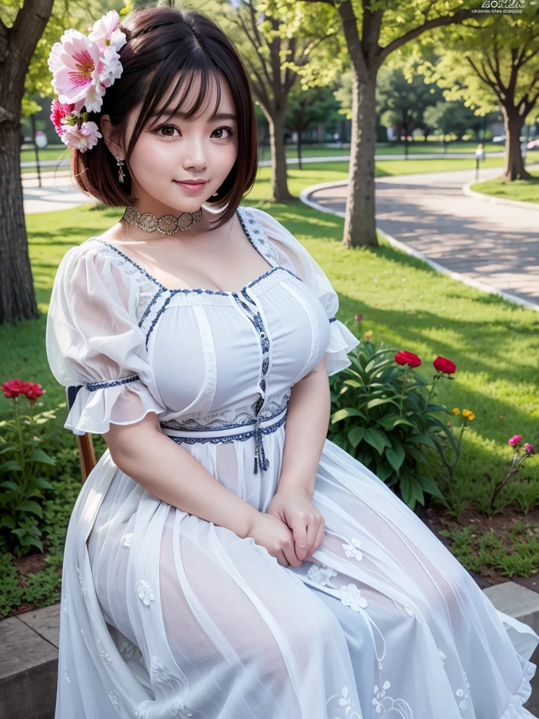 A beautiful and hot almost chubby mature woman.who is wearing a patterned short dress and is and standing in the park. A smiling face、sexy woman、A radiant smile、adorable、race、Frills、Colorful design、Full-length mirror、An inviting gaze、Gorgeous long and beautiful hairstyle、variation Hairstyle、Open neck blouse、Flower Garden、Sparkling、Elegant Princess