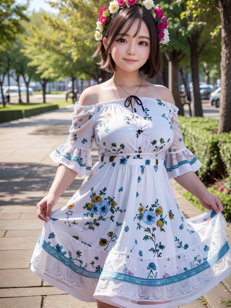 A beautiful and hot almost chubby mature woman.who is wearing a patterned short dress and is and standing in the park. A smiling face、sexy woman、A radiant smile、adorable、race、Frills、Colorful design、Full-length mirror、An inviting gaze、Gorgeous long and beautiful hairstyle、variation Hairstyle、Open neck blouse、Flower Garden、Sparkling、Elegant Princess