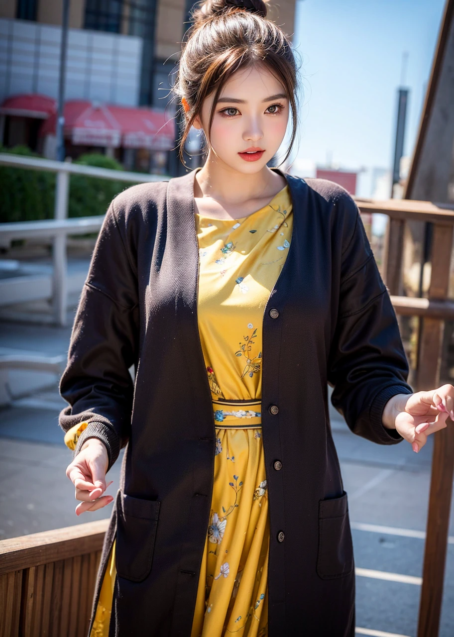 1 girl, hair bun, beautiful girl, mmTD burmese patterned traditional dress, yellow dress, outdoor, perfect light, masterpiece, best quality, ultra detailed, cinematic feels, looking at the viewer, 8k, RAW photo, realistic, photo realistic, intricately detailed, UHD, full HD, ultra resolution