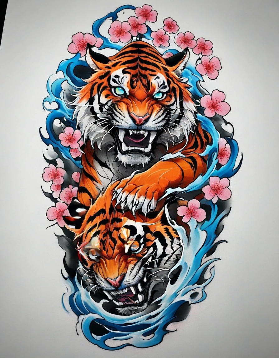 ((solo Tiger)), Traditional Japanese tattoo design, realistic tattoo art of Orange tiger with Blue eyes, he is with open mouth looking very fierce and angry, the background is Japanese wave tattoo with with pink sakura petal effect, (Unity 16K Wallpaper, masterpiece, Best Quality, high quality, Ultra-detailed, extremely details), ((solo Tiger)), Traditional Japanese tattoo design, realistic tattoo art of Orange tiger with Blue eyes, he is with open mouth looking very fierce and angry, the background is Japanese wave tattoo with with pink sakura petal effect, Scratching the viewer with fierce claw,
