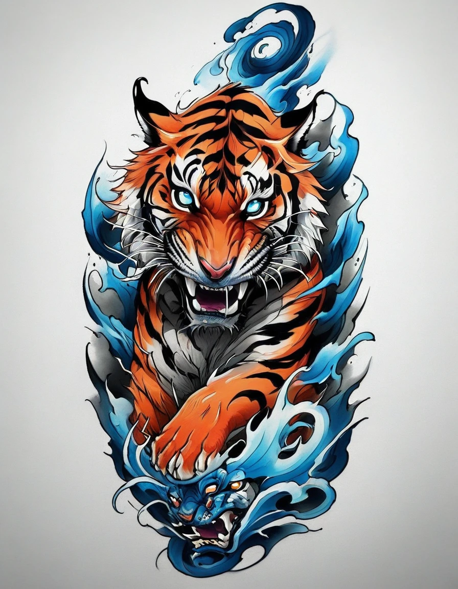 ((solo Tiger)), Traditional Japanese tattoo design, realistic tattoo art of Orange tiger with Blue eyes, he is with open mouth looking very fierce and angry, the background is Japanese wave tattoo with with pink sakura petal effect, (Unity 16K Wallpaper, masterpiece, Best Quality, high quality, Ultra-detailed, extremely details), ((solo Tiger)), Traditional Japanese tattoo design, realistic tattoo art of Orange tiger with Blue eyes, he is with open mouth looking very fierce and angry, the background is Japanese wave tattoo with with pink sakura petal effect, Scratching the viewer with fierce claw,
