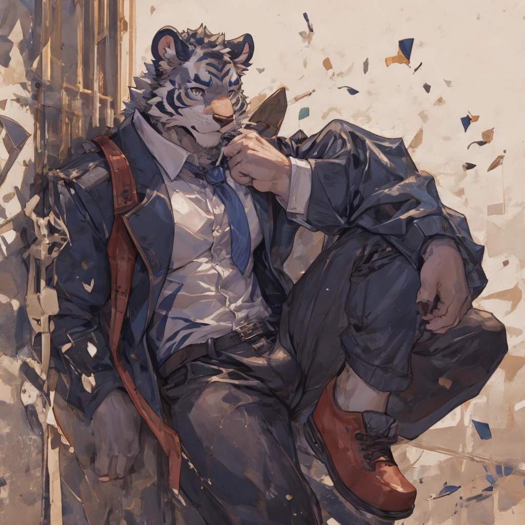 {{bara extremely handsome white tiger student,}} {{white fur,}} white, wearing uniform blazer, trousers, white dress shirt and necktie, white fluffy furry body and limbs, loafers, very tall, very broad shoulders, narrow waist, muscular arms, massive pecs, purple eyes, very long legs, massive bulge, sophisticated hot look, 3/4 view, best quality, leaning on wall, high detail, CG image, character splash art, silver earring on left ear, sultry smirk