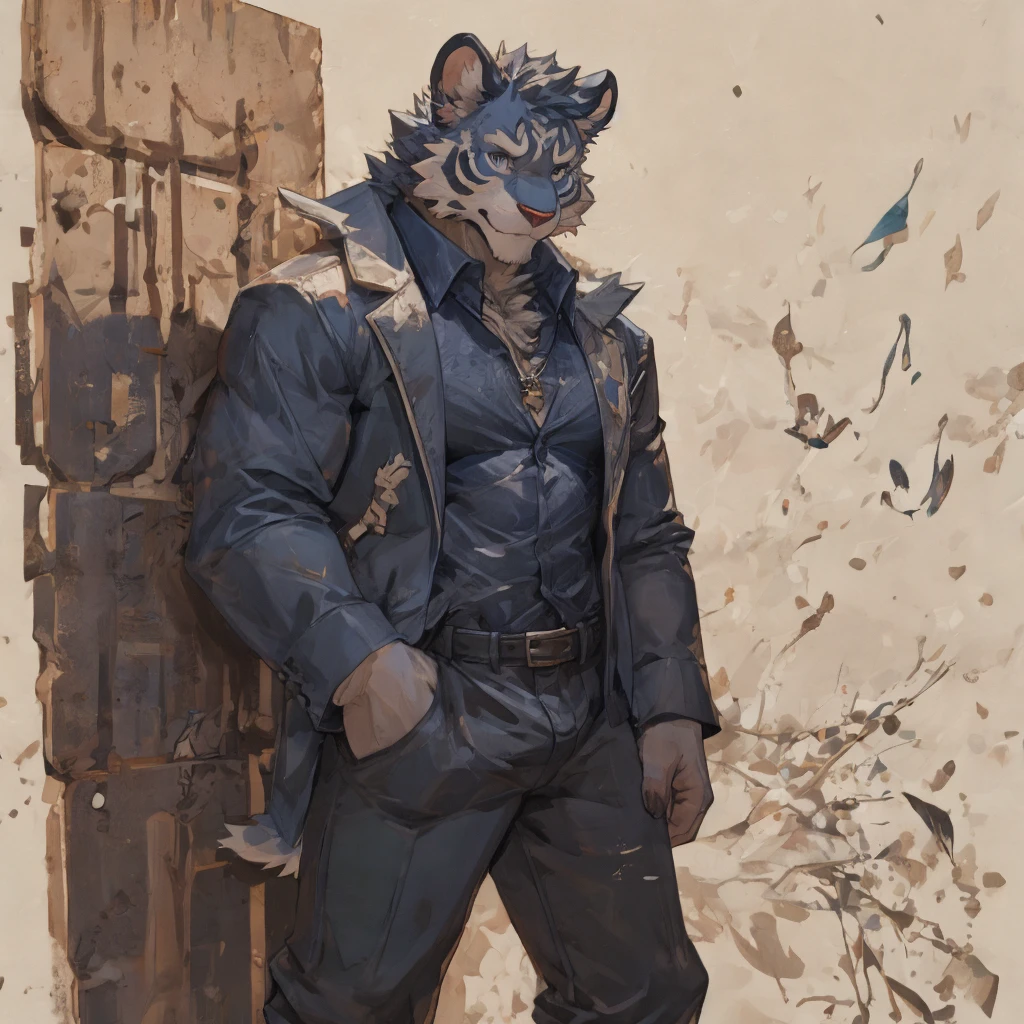 {{bara extremely handsome white tiger student,}} {{white fur,}} white, wearing uniform blazer, trousers, white dress shirt and necktie, white fluffy furry body and limbs, loafers, very tall, very broad shoulders, narrow waist, muscular arms, massive pecs, purple eyes, very long legs, massive bulge, sophisticated hot look, 3/4 view, best quality, leaning on wall, high detail, CG image, character splash art, silver earring on left ear, sultry smirk
