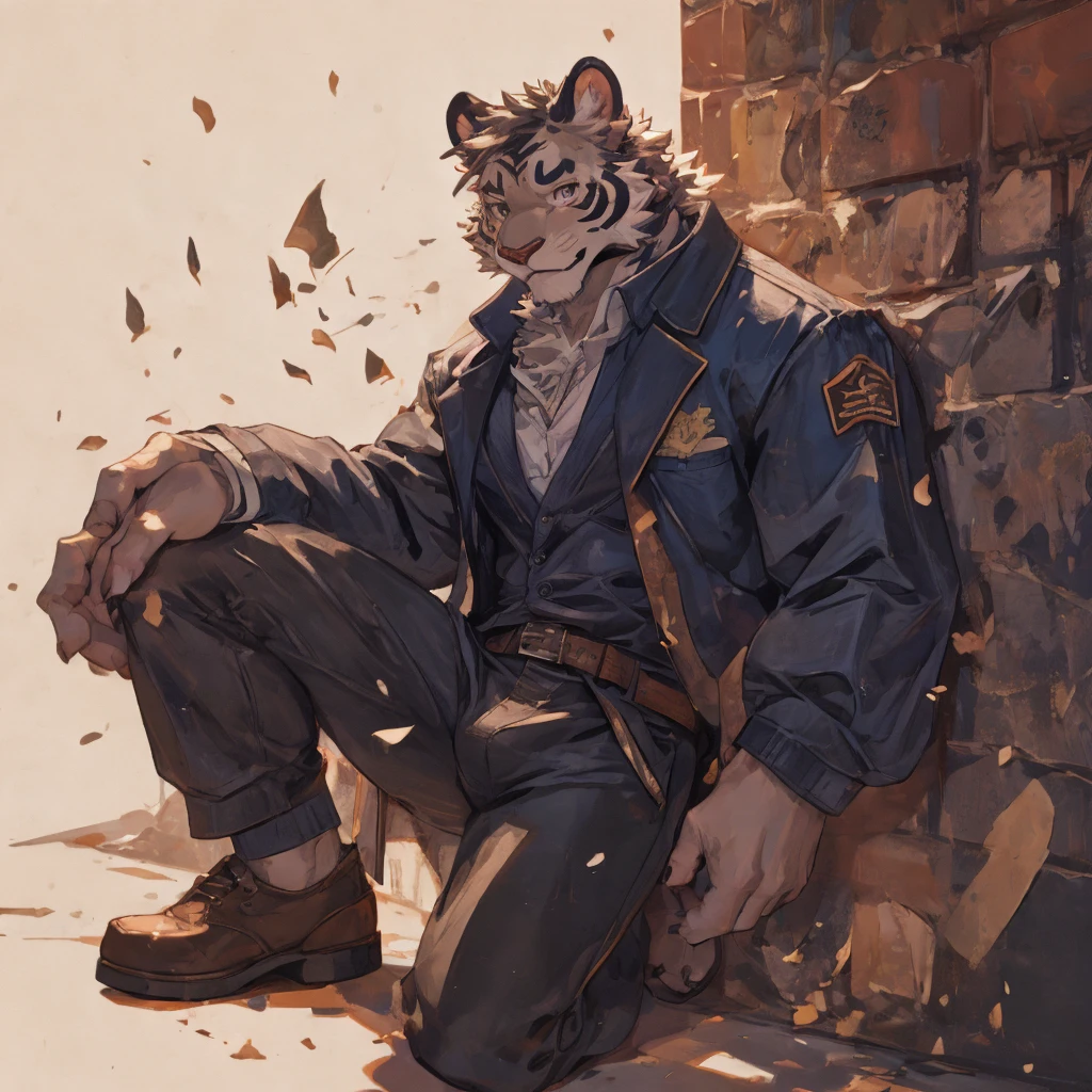 {{bara extremely handsome white tiger student,}} {{white fur,}} white, wearing uniform blazer, trousers, white dress shirt and necktie, white fluffy furry body and limbs, loafers, very tall, very broad shoulders, narrow waist, muscular arms, massive pecs, purple eyes, very long legs, massive bulge, sophisticated hot look, 3/4 view, best quality, leaning on wall, high detail, CG image, character splash art, silver earring on left ear, sultry smirk