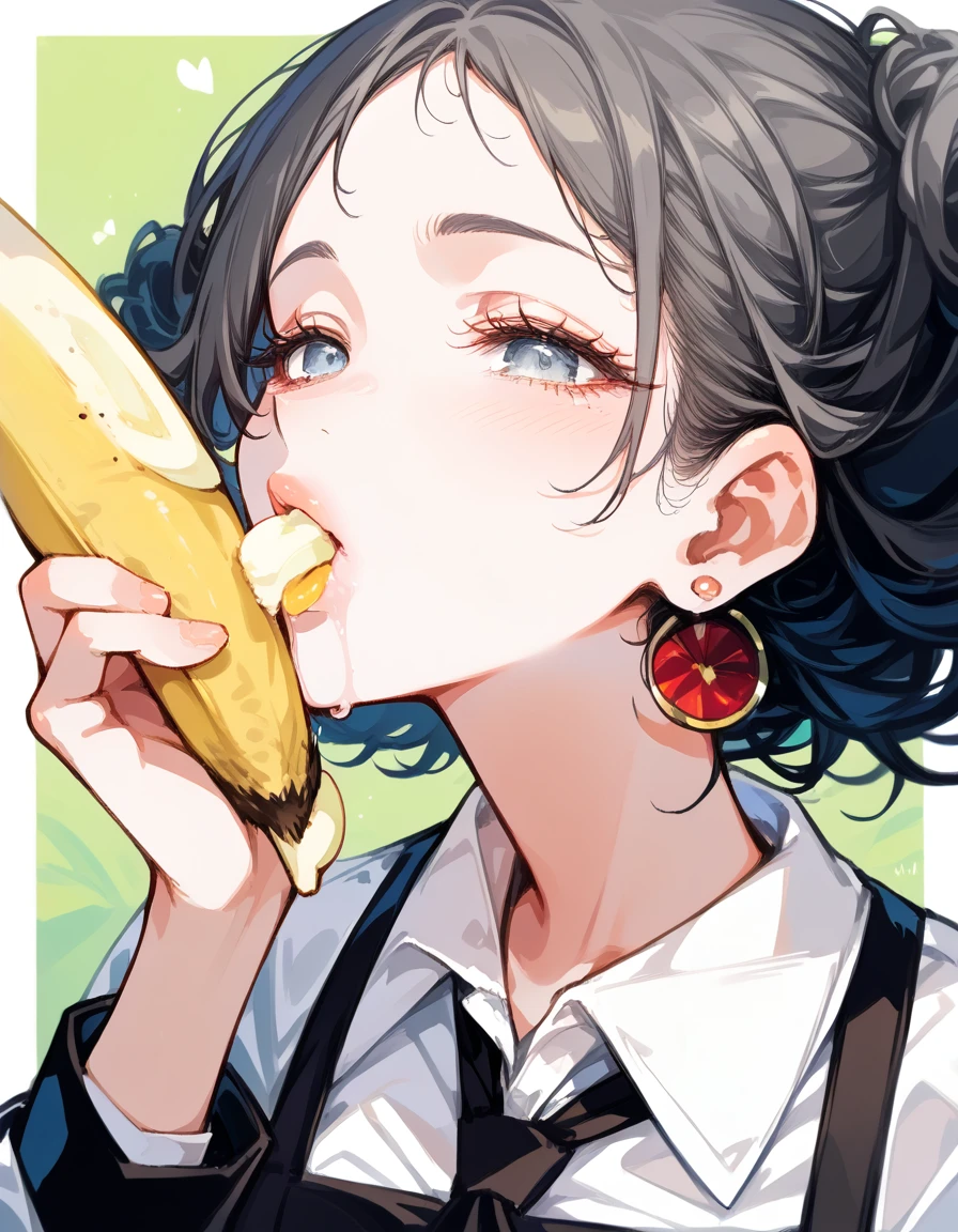 (masterpiece, best quality: 1.2), 1.Curly Secretary，Sexy eyes,Head close-up，Moist sexy lips，A lot of saliva ，eating banana，earrings（（Black business attire））