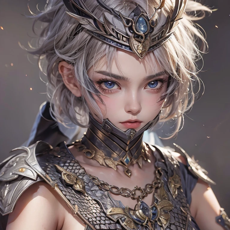 Woman in ancient battle attire、Serious expression、Short-haired、Deadly position, Gorgeous Necklace,   Beautiful and seductive woman, Realistic and perfect body, Perfect body with realistic shadows, A woman with reptilian eyes and fangs：1.5、8K