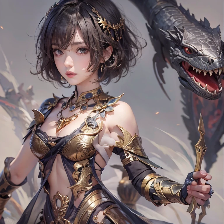 Woman in ancient battle attire、Serious expression、Short-haired、Deadly position, Gorgeous Necklace, scale skin:1.5, Enchanting anime girl, Beautiful and seductive woman, Realistic and perfect body, , Perfect body with realistic shadows, Reptile Eyes:1.5