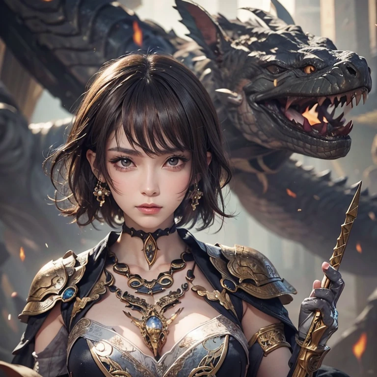 Woman in ancient battle attire、Serious expression、Short-haired、Deadly position, Gorgeous Necklace, scale skin:1.5, Enchanting anime girl, Beautiful and seductive woman, Realistic and perfect body, , Perfect body with realistic shadows, Reptile Eyes:1.5