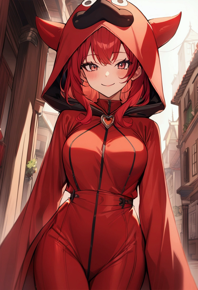 1 girl, red hair, red devil costume, smile