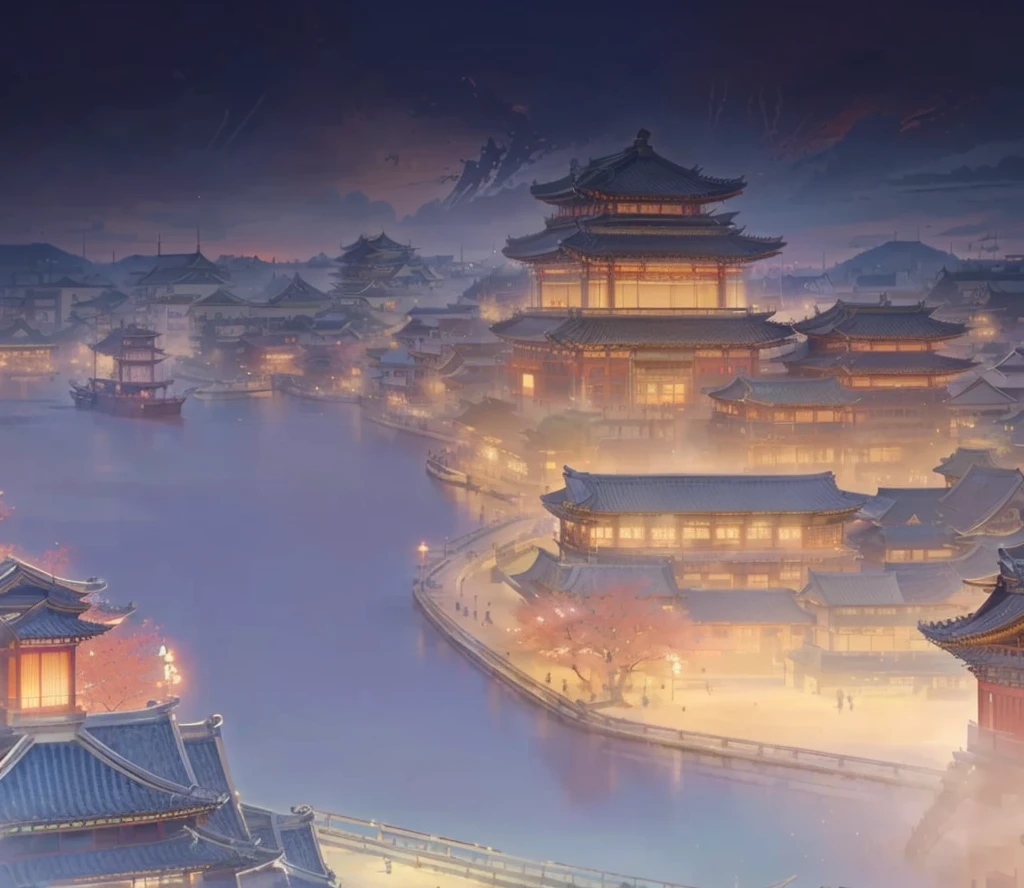 Anime scene:A city,A river and a boat, Dreamy Chinatown, Beautiful rendering of the Tang Dynasty, Traditional Japanese concept art, background technologywork, Onmyoji detailed art, background technology, Ross Chen. Landscape background, Anime Landscape Concept Art, Concept art stunning atmosphere, Rob Ray and Kentaro Miura style, Cora Legend setting