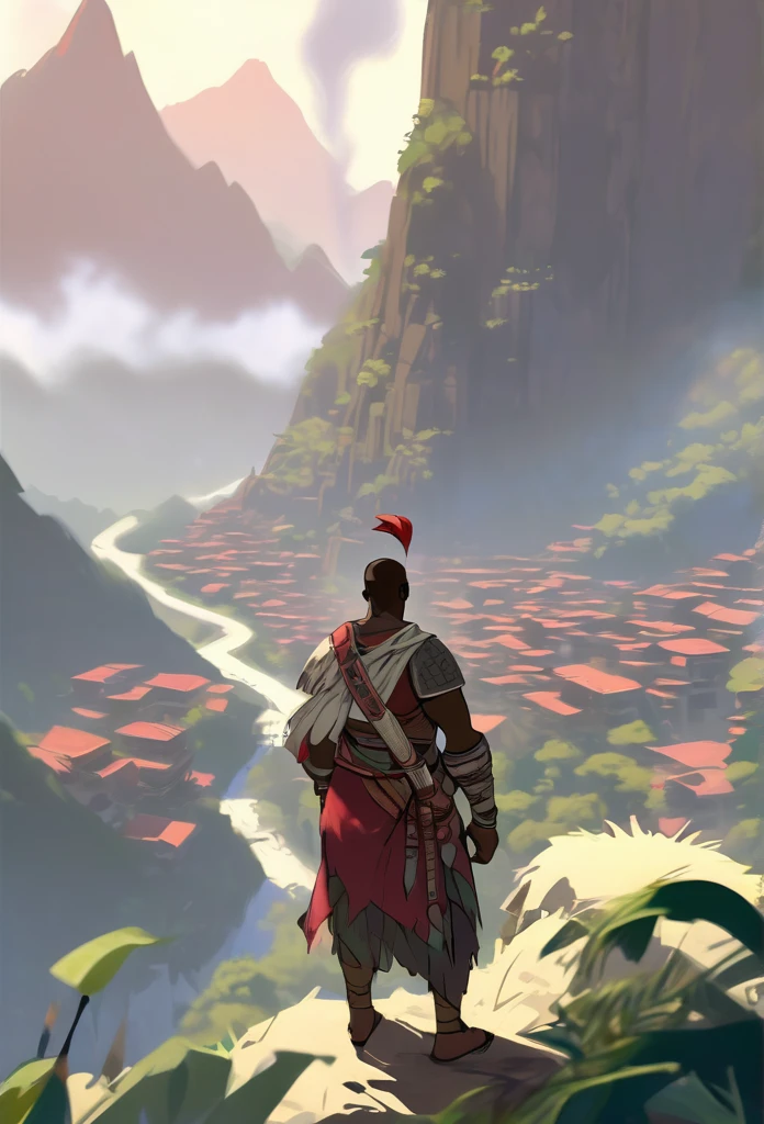 Ultra Realistic, Highly Defined Details, Jungle Tribal Village In The Foreground, Shadowy Distant Back Drop, Jungle Foggy Misty Rainforest Sensory, Mellow Color Shading Capturing the Mode, Young Adult African Male Villager, Standing Cliff Side View Of the Valley Below, Piercing Gaze, Serious Sharp Facial Features, Fit Athletic Muscular Physique, Bone Mail Armor, Peaces of tribal decorations tied to armbands, Bone chest plate armor, Lightly armored belt buckle dagger in a sheath, Bone carved Hilt, Long Curved Sword, wrapped in crimson decorated cloth Worn On the Back, Dark Torn Crimson Cloak, Distant Shot Full Body View from the Back, Walking, Windy Sean Leaves Blowing, Mountain Climbing, Scaling a Clif, Climbing With Hands, Snowy Mountain Peaks, Windy Snow, On Hands and Knees Climbing