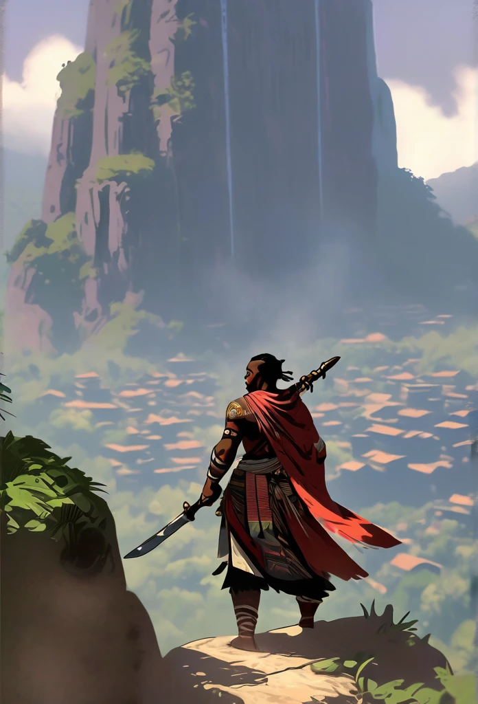 Ultra Realistic, Highly Defined Details, Jungle Tribal Village In The Foreground, Shadowy Distant Back Drop, Jungle Foggy Misty Rainforest Sensory, Mellow Color Shading Capturing the Mode, Young Adult African Male Villager, Standing Cliff Side View Of the Valley Below, Piercing Gaze, Serious Sharp Facial Features, Fit Athletic Muscular Physique, Bone Mail Armor, Peaces of tribal decorations tied to armbands, Bone chest plate armor, Lightly armored belt buckle dagger in a sheath, Bone carved Hilt, Long Curved Sword, wrapped in crimson decorated cloth Worn On the Back, Dark Torn Crimson Cloak, Distant Shot Full Body View from the Back, Walking, Windy Sean Leaves Blowing, Mountain Climbing, Scaling a Clif, Climbing With Hands, Snowy Mountain Peaks, Windy Snow, On Hands and Knees Climbing