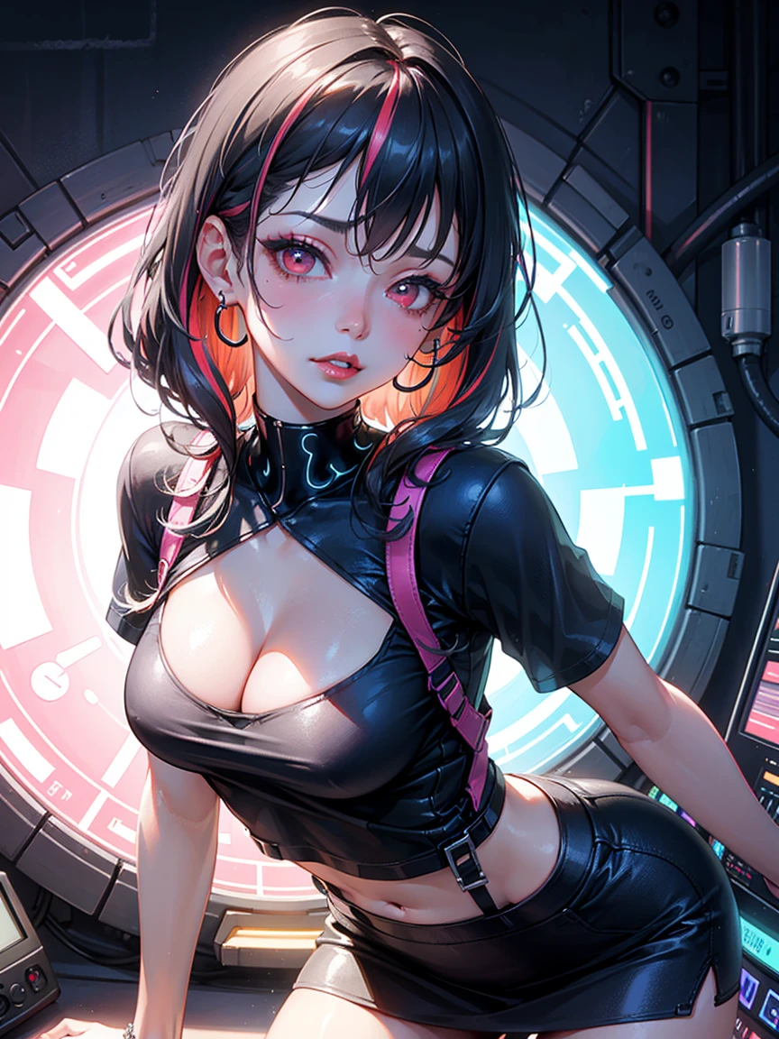 blush, cleavage,glowing aura, natural light, masterpiece, glossy skin, juicy lips ,long hair, hair style,sexy, hot, , random expression, red eyes, smirk, , cleavage, puckered lips, juicy lips, bimbo, hour glass, , ass focus, tight skirt, pissed, black skirt, t-shirt, black hair, red lips, ((rainbow highlights in hair)), rainbow, ((rainbow glitch)), cyber, cybernetic,