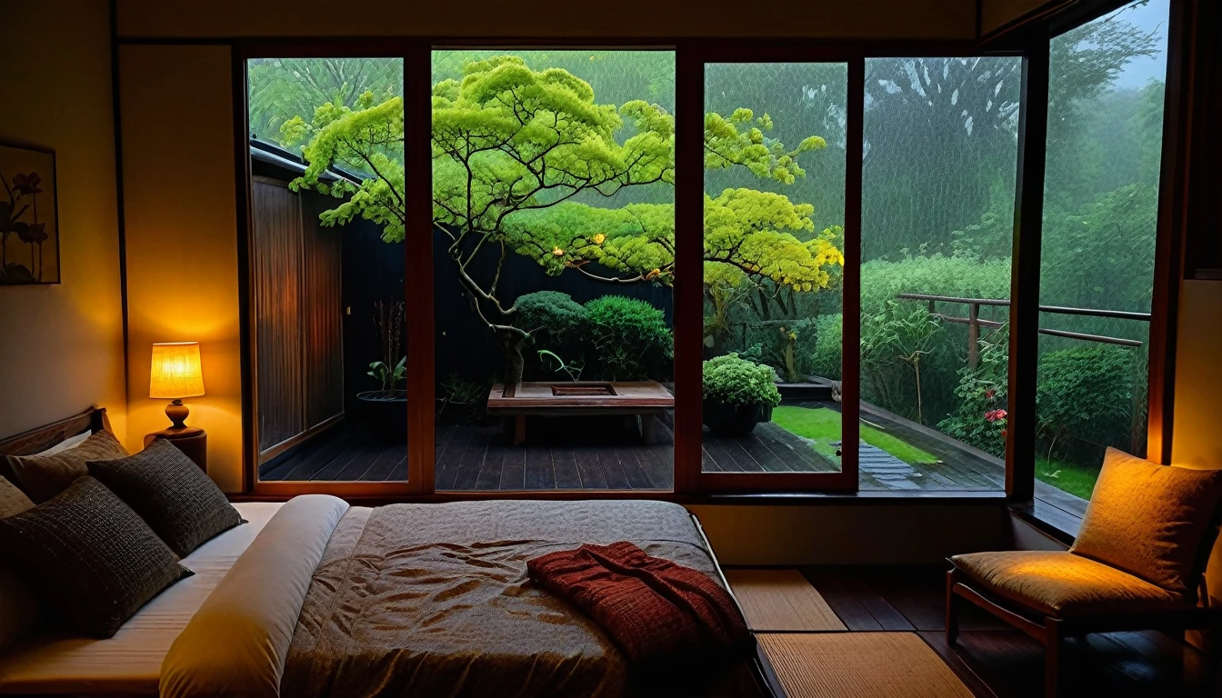 The picture shows a cozy bedroom with large windows offering views of a beautiful, dimly lit garden AND a garden filled with FLOWERS. CINEMATIC atmosphere, gloomy, dull, gloomy rain, cloudy outside JAPANESE HOUSE, dark cloudy. This room has tatami floors, shoji doors, and minimalist wooden furniture. . The bed was unmade with rumpled sheets, indicating only a light sleep. looks dim, gloomy. Beside the bed there is a small table with a classic lamp that radiates warm light into the room. Outside the window you can see the lush greenery of the terrace or balcony area, the rain is falling, the lamp on the left provides warm lighting, creating a calm and peaceful atmosphere. the room was dark, gloomy with fog obscuring part of the view in the distance. The contrast between the warmth indoors and the rain outdoors creates an inviting and calming atmosphere